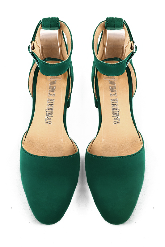 Emerald green women's open side shoes, with a strap around the ankle. Round toe. Low block heels. Top view - Florence KOOIJMAN